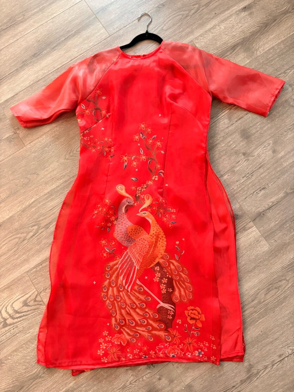 🐦‍🔥Modern Red Ao Dai |Phoenix Floral Dress w/ sheer sleeves| ZIPPER NEEDS REPAIR